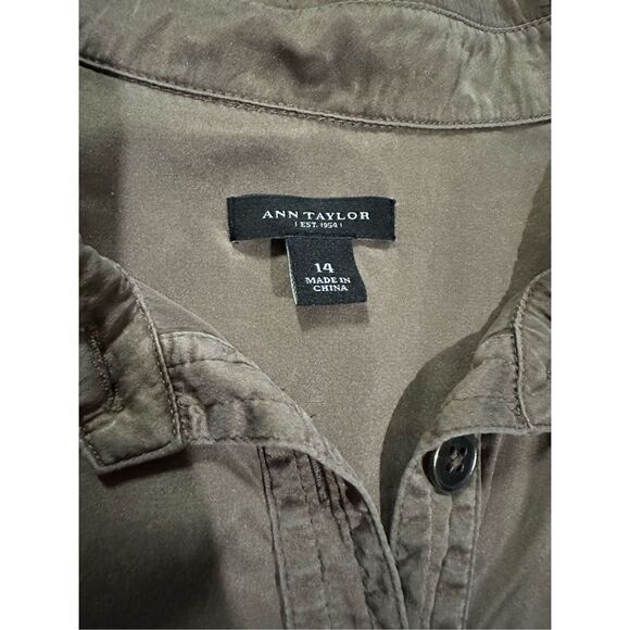 Ann Taylor 100% Silk Bronze Brown Cargo Utility Shirt Dress sz 14 - Picture 3 of 11